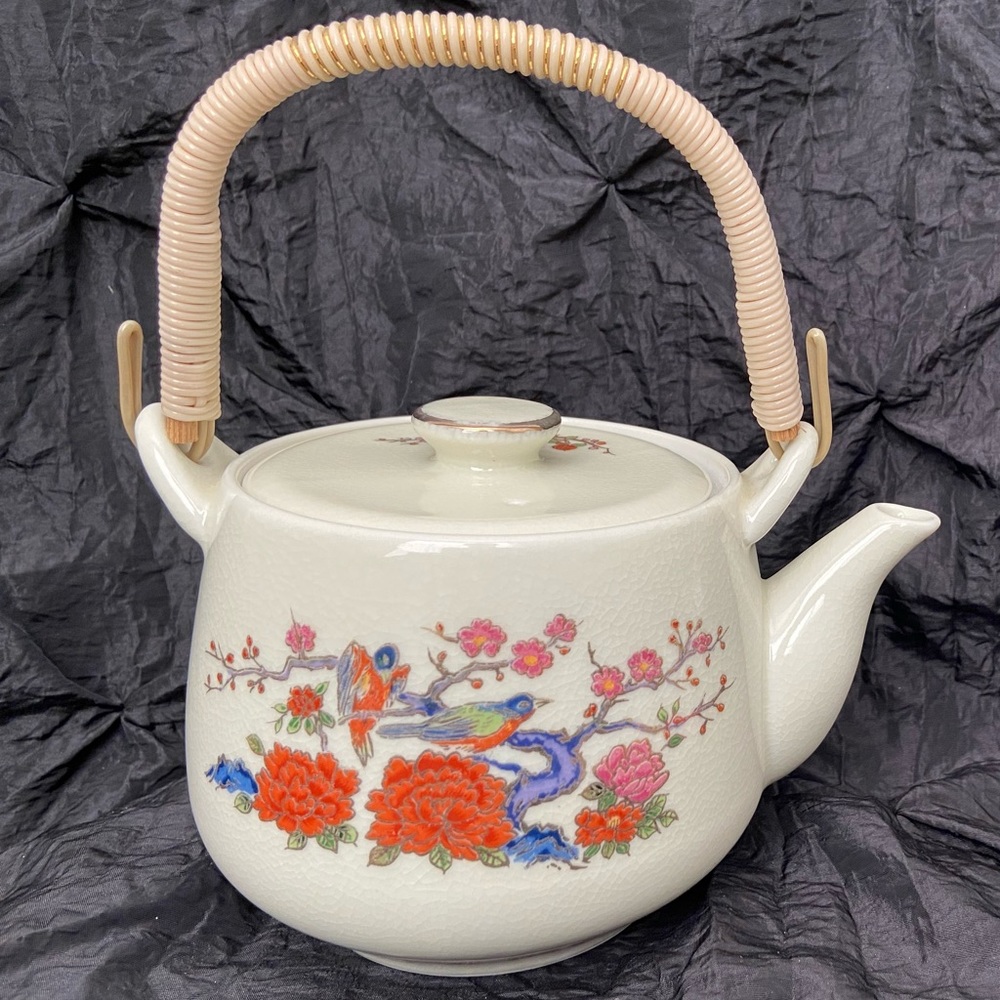 Vintage Asahi Cherry Blossom Birds Japanese Porcelain Teapot
